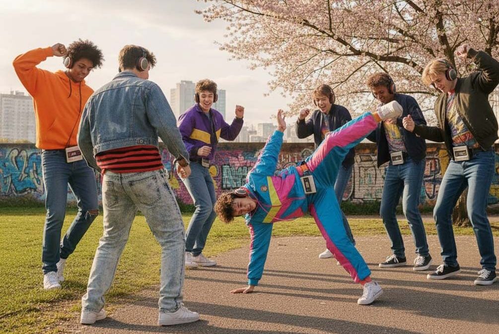 cropped-Walkman-invisible-party.jpg This vibrant scene serves as a nostalgic precursor to the modern silent disco. While a contemporary silent disco usually involves a DJ broadcasting a single signal to wireless headphones, this "invisible party" is much more decentralized and analog.