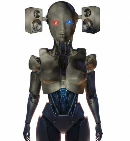 silentdisco-headphones Metaphorical illustration of 'The Disco Killer': A cybernetic figure with integrated speakers, symbolizing the original 1980s vision by Cisco Sa to liberate the dance floor from traditional club boundaries into silent disco